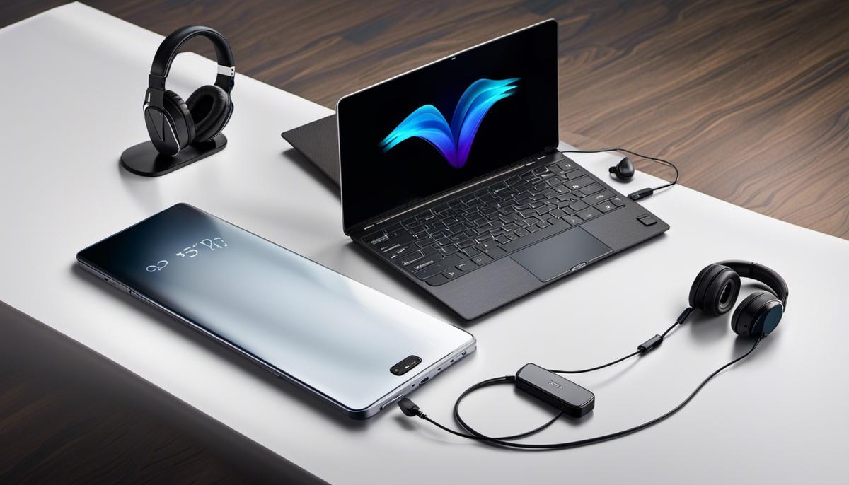 An image illustrating the concept of Bluetooth technology, showing a laptop, a smartphone, and a pair of headphones connected wirelessly