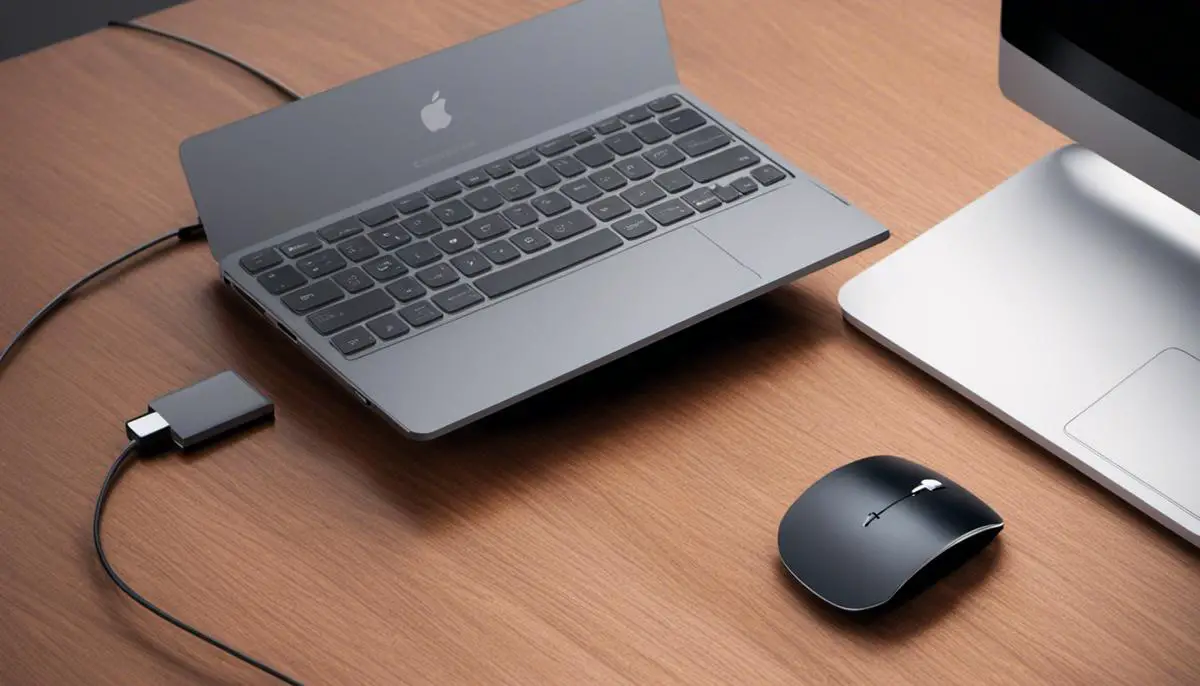 Illustration of a Bluetooth connection between a MacBook and a mouse.
